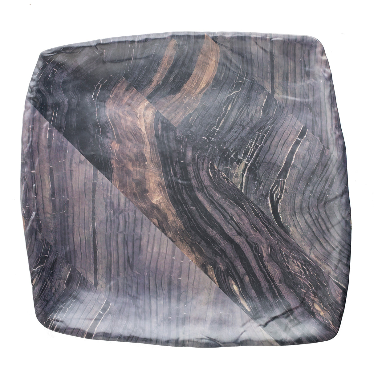 A square melamine serving tray with rounded edges, featuring a glossy finish and a marbled barnwood pattern in shades of dark gray, brown, and black, resembling swirling wood grain or polished stone, set against a white background.