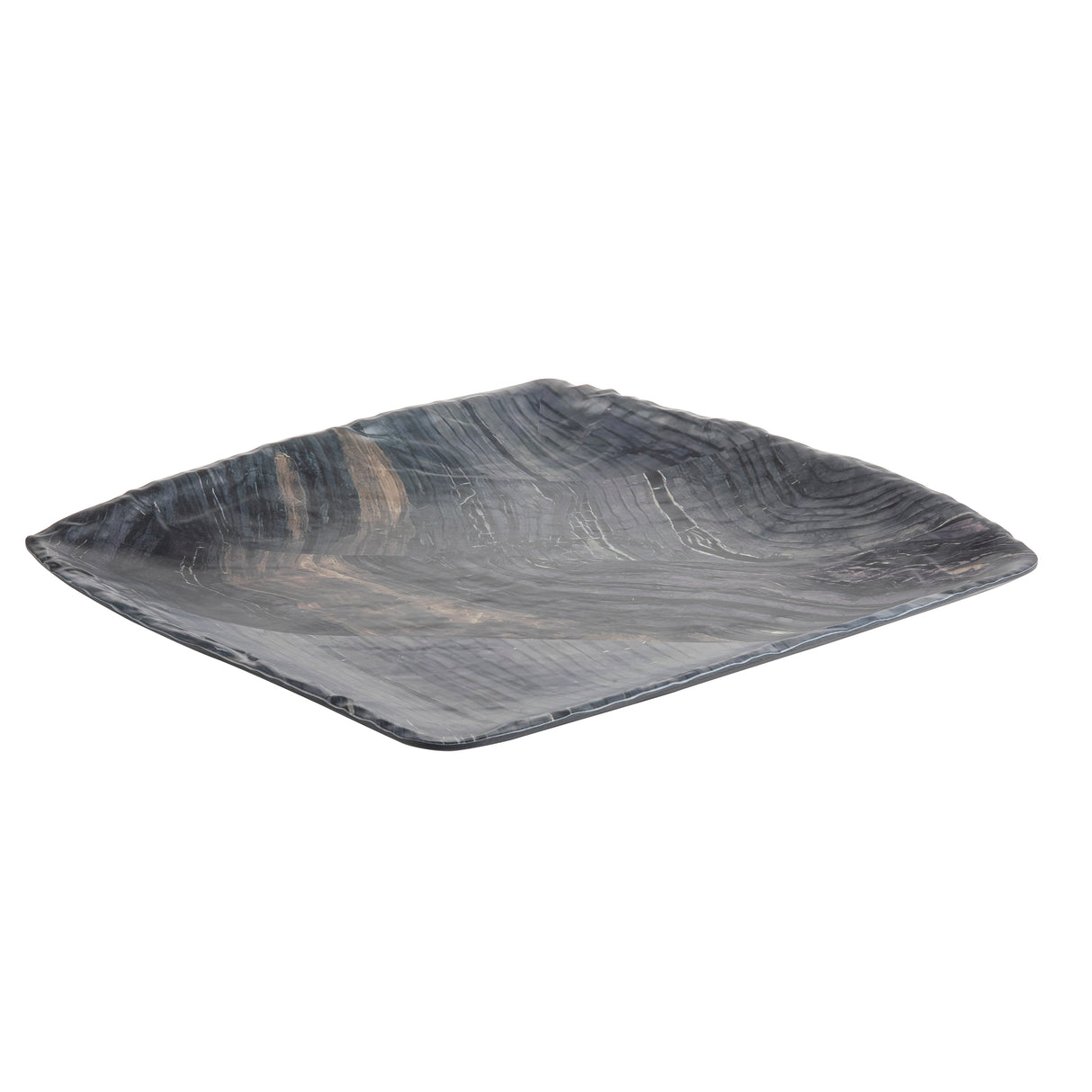 A square, shallow melamine plate with slightly raised edges and a textured barnwood pattern in shades of dark gray and black. The plate has an irregular, handcrafted look and rests on a white background.