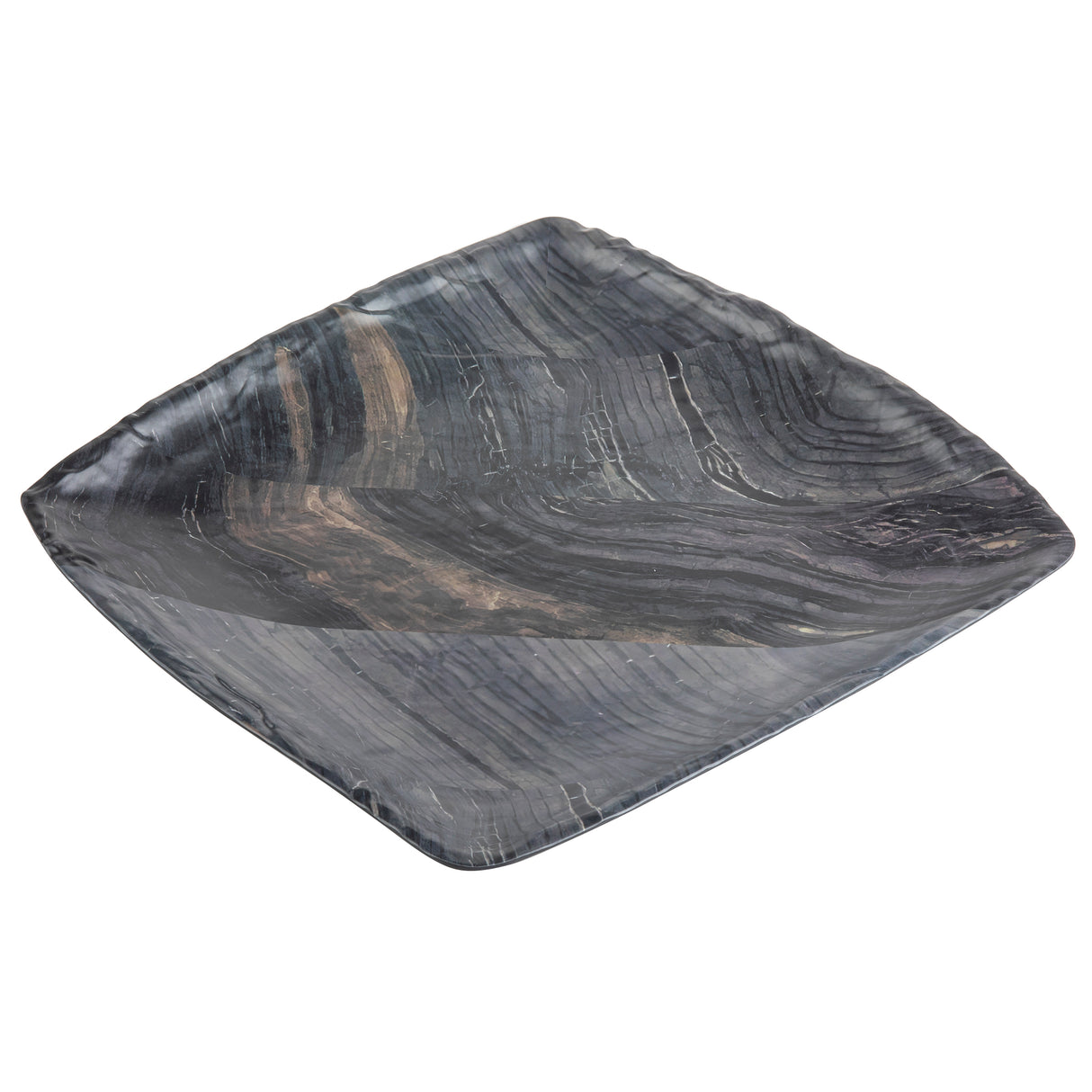 A square melamine plate with gently curved edges, featuring a dark gray, barnwood pattern with streaks of lighter gray and black. The glossy surface resembles natural stone or wood grain, and the plate is empty against a white background.