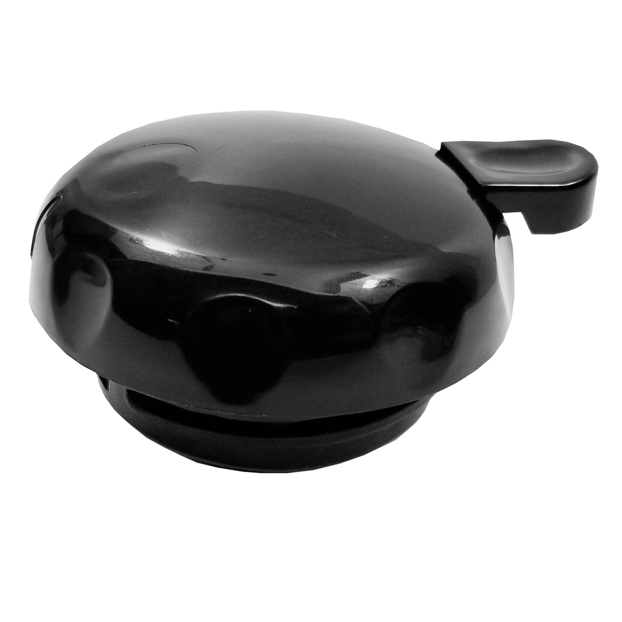 A shiny black bicycle bell with a rounded top and a small thumb lever on the right side, resting on a white background. Its smooth, polished finish reflects light, much like a glossy TableCraft replacement lid made from sleek polypropylene.