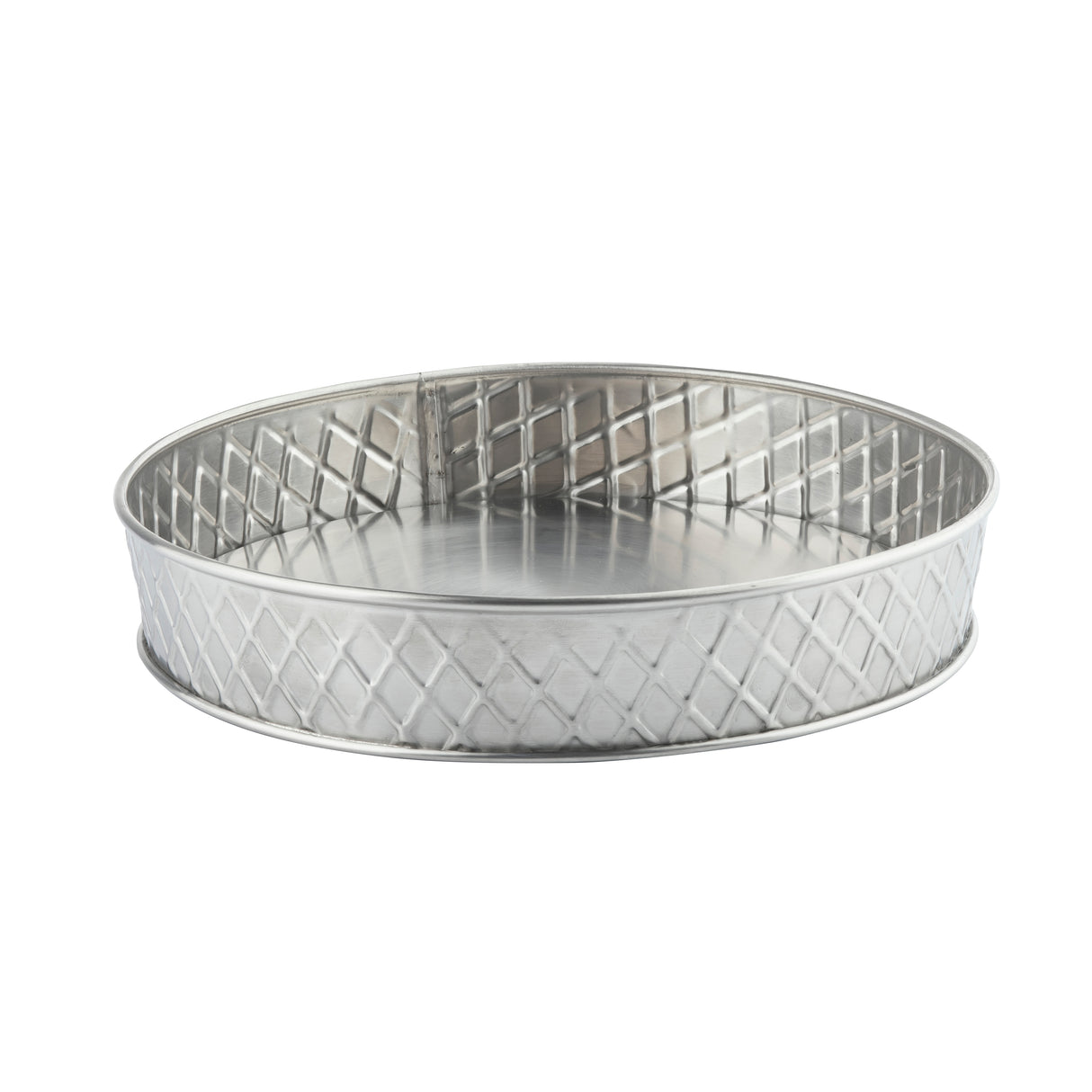 A round, shallow TableCraft 10034 platter with a flat base and short sides. The diamond-shaped lattice pattern adds texture, while the stainless steel platter shines with a clean, reflective silver surface.