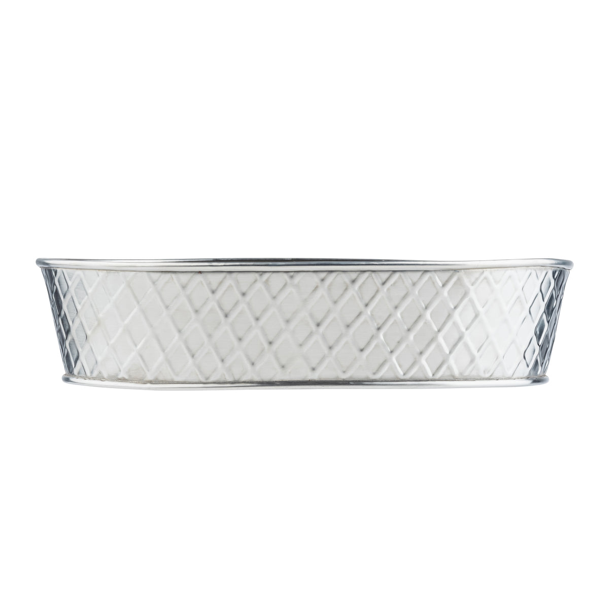 A shiny, silver, oval-shaped stainless steel platter from the Lattice Collection features a diamond-patterned lattice design on its sides. The rim is slightly flared and smooth, while the side has a crisscross texture. Basket is empty against a white background.