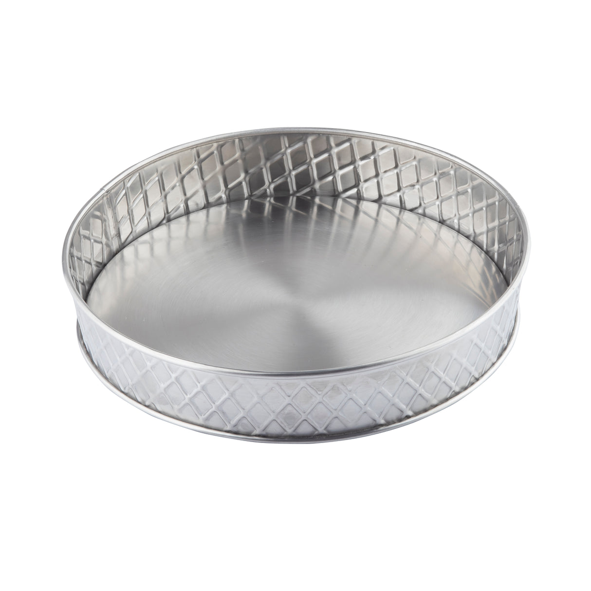 A round, silver TableCraft 10034 stainless steel platter with a shiny surface. The raised edge features a diamond-shaped lattice pattern, part of the Lattice Collection Platter series. The smooth, reflective interior sits on a white background.