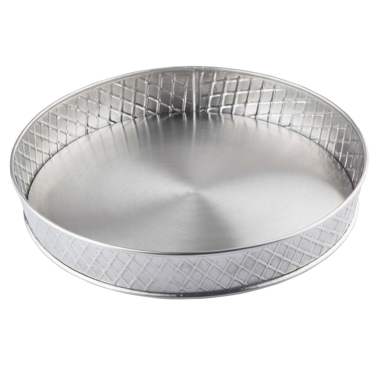 A round, shallow Lattice Collection Platter with a smooth base and raised sides. The sides feature a diamond-patterned texture, while the brushed interior is reflective and shiny. This stainless steel platter from TableCraft Products is empty and isolated on a white background.