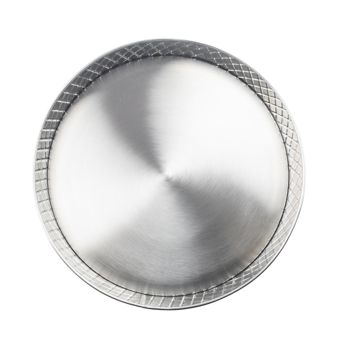 A round, silver-colored stainless steel platter from the TableCraft Products Lattice Collection is seen from above, featuring a smooth center with a subtle brushed finish and a textured, crisscross pattern along its raised rim on a plain white background.