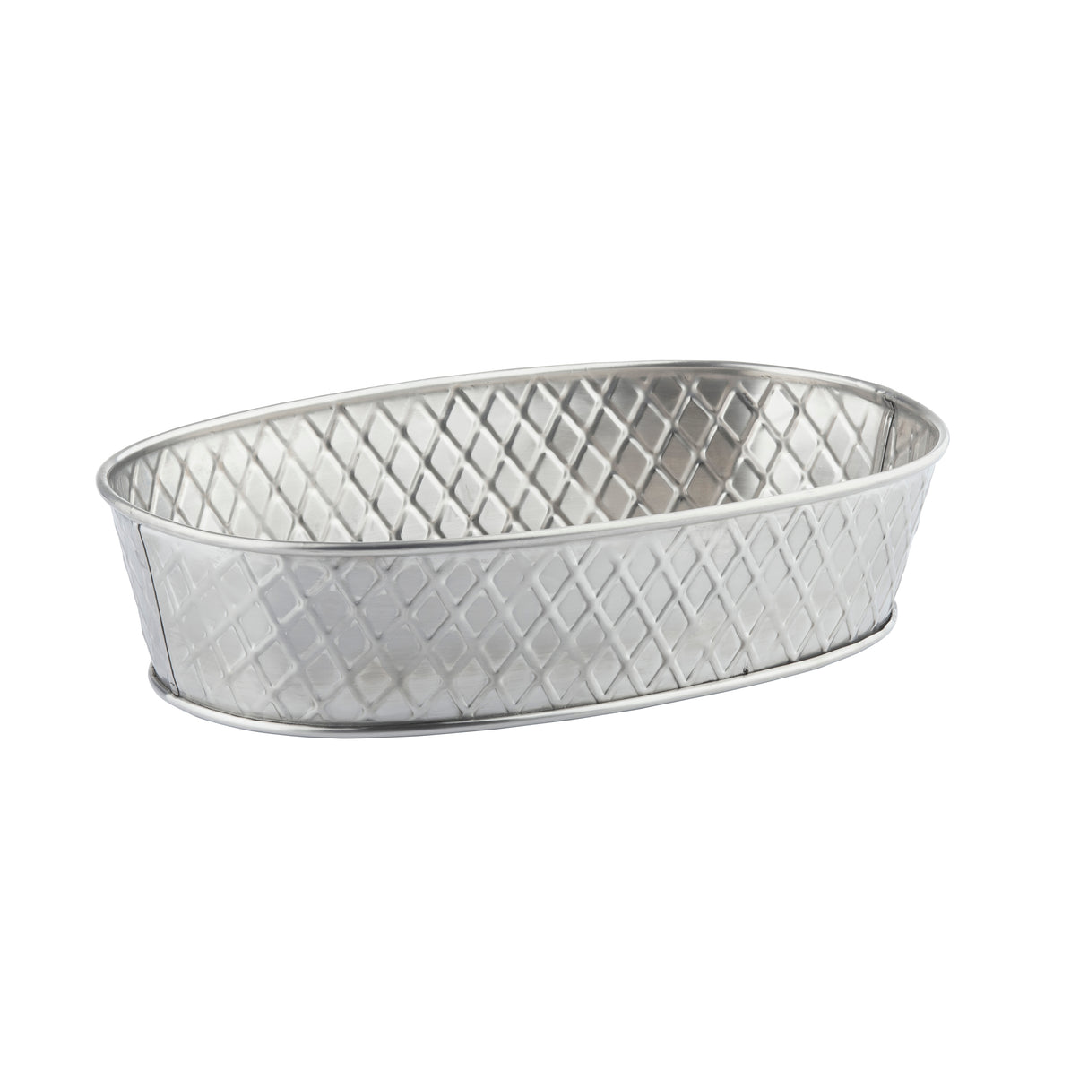 A silver metal oval basket from the Lattice Collection Platter by TableCraft, featuring a diamond-patterned, textured surface. This stainless steel platter has a smooth rim and base and is shown empty against a plain white background.