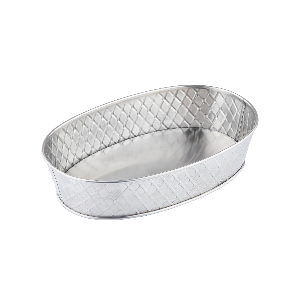 A shiny, oval-shaped TableCraft stainless steel platter with slightly raised edges. The sides display a crisscross, diamond-patterned texture, while the base is smooth. The tray is photographed on a white background.