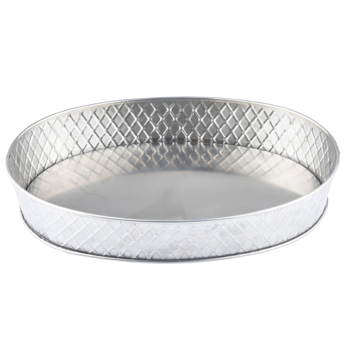 A round, shallow stainless steel platter with a smooth flat base and diamond-patterned sides. The tray has a simple, reflective finish with no handles or embellishments, ideal for stylish serving.