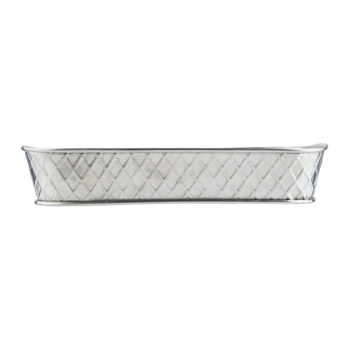 A rectangular, silver-colored stainless steel platter from the TableCraft Lattice Collection, featuring a diamond-patterned texture on the sides and slightly curved, raised edges, shown from a side view against a white background.