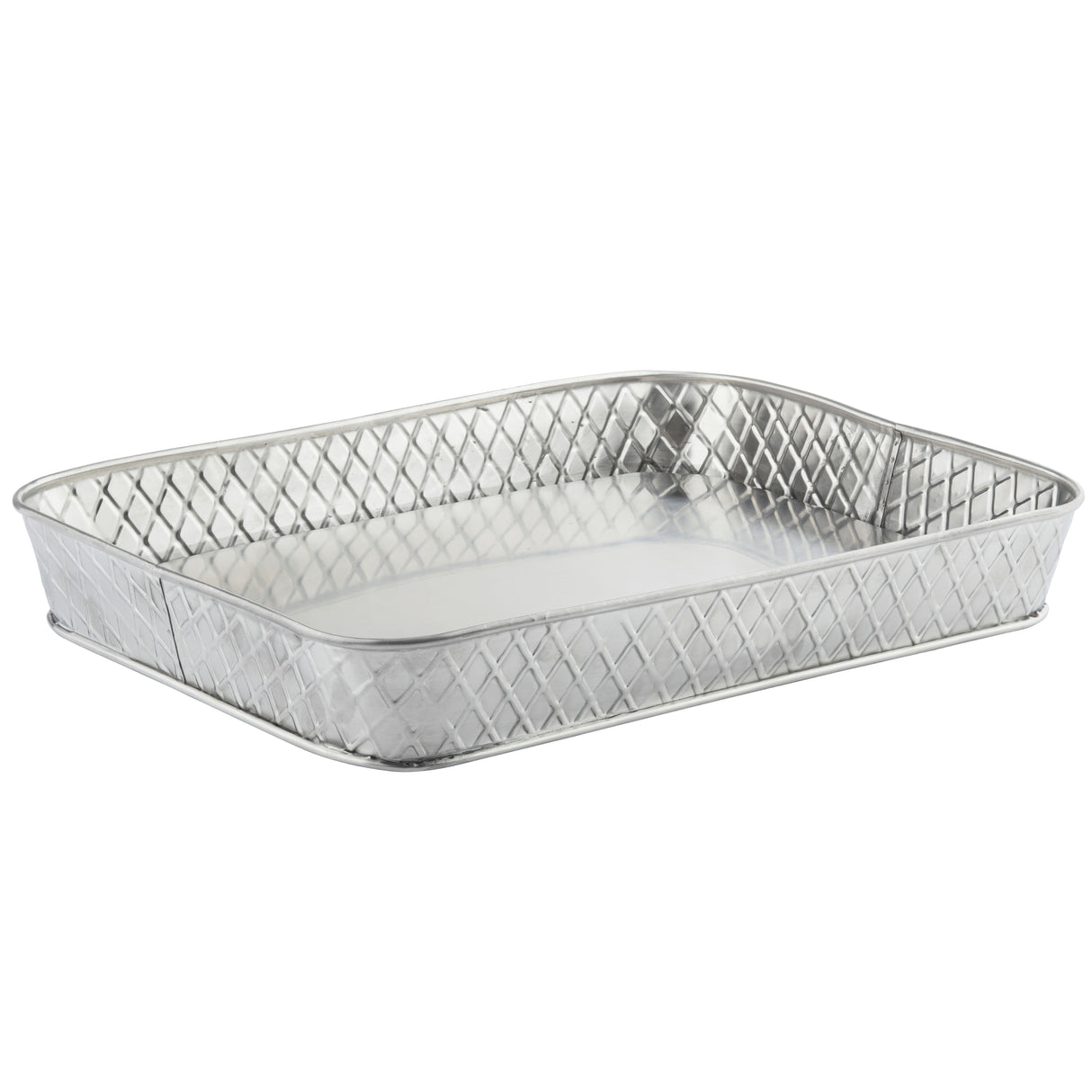 A rectangular, shallow metal baking pan with rounded corners and a diamond-patterned, textured exterior from the TableCraft Products Lattice Collection Platter. Its shiny silver finish and smooth interior contrast beautifully with the patterned outer sides.
