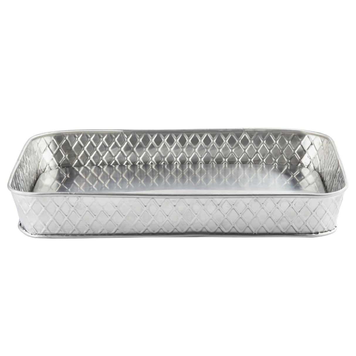 A rectangular, shallow, silver aluminum baking pan with raised, diamond-patterned sides inspired by the Lattice Collection Platter. The smooth, reflective surface and flat base evoke the style of TableCraft Products. Pan is empty on a white background.