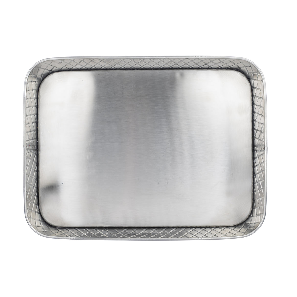 A rectangular stainless steel platter from the Lattice Collection Platter by TableCraft Products, featuring a smooth, reflective surface and diamond-patterned border. The tray’s slightly raised, rounded edges enhance its elegant look on a white background.