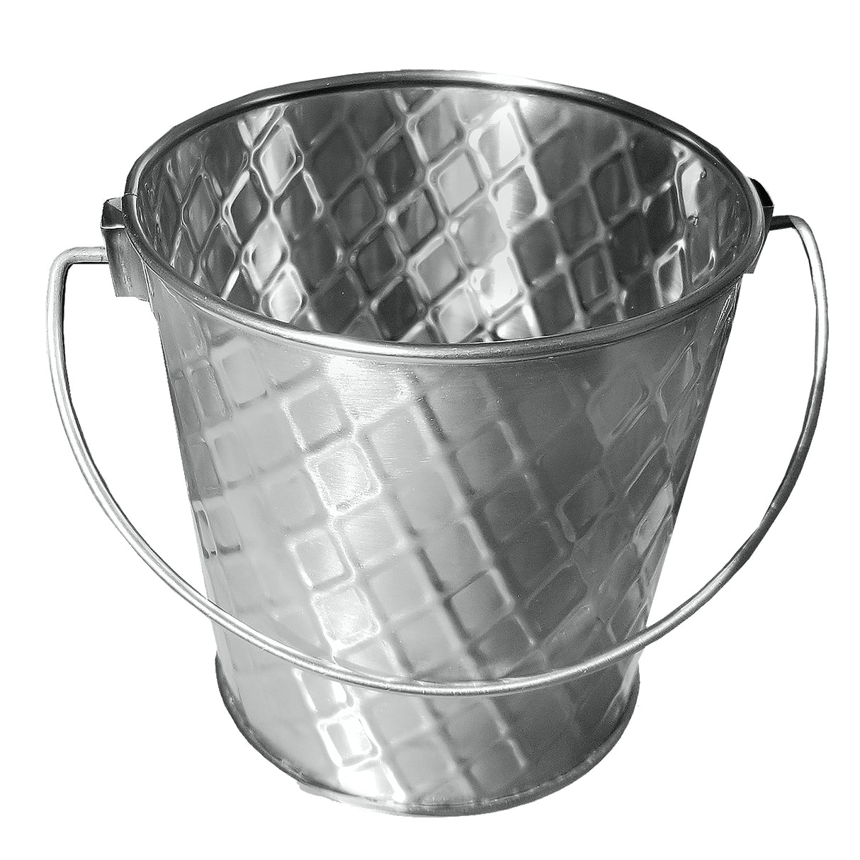 A silver stainless steel pail from the Lattice Collection by TableCraft Products, featuring a diamond-patterned texture and a thin, curved handle. This shiny bucket is empty and displayed against a plain white background.