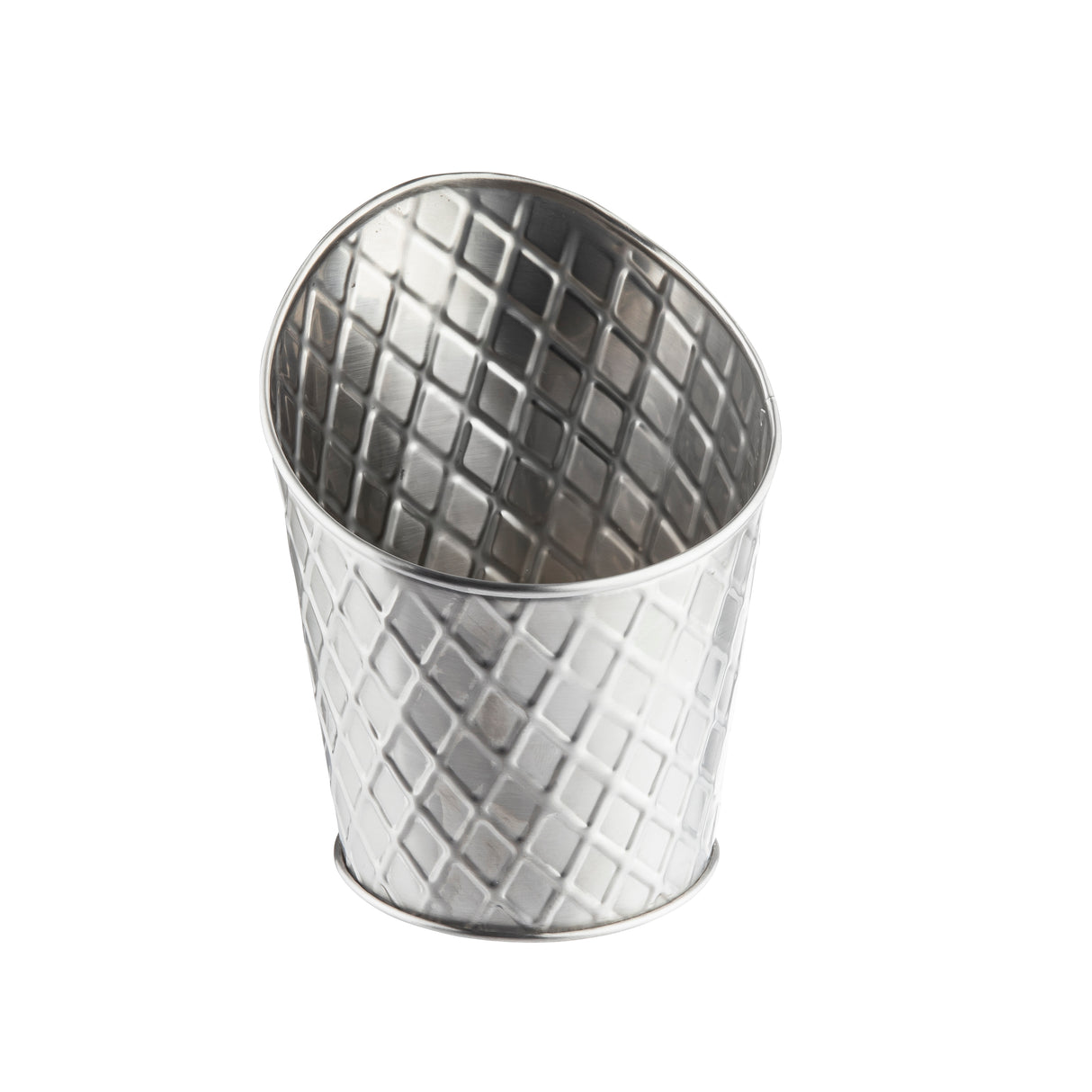 A small, shiny stainless steel fry cup with a diamond-patterned texture from the Lattice Collection and a slanted rim, isolated on a white background. Its reflective surfaces give it a modern and decorative appearance.