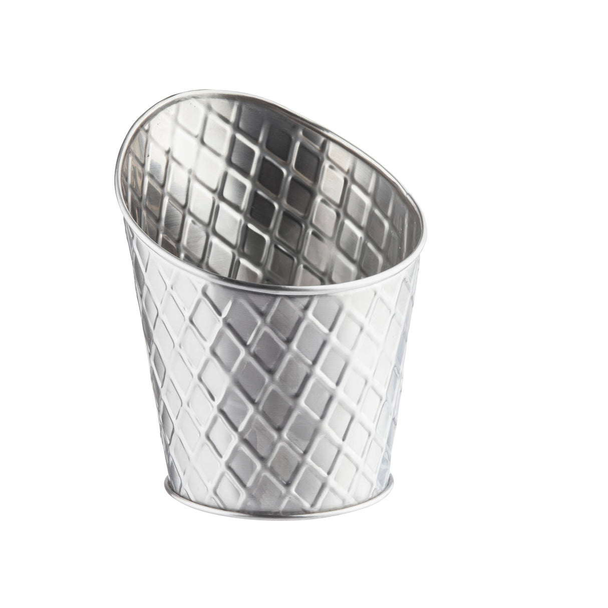 A small, stainless steel fry cup from the Lattice Collection sits at an angle on a white background. The diamond-patterned texture and flared rim add style, while its shiny surface reflects light beautifully.