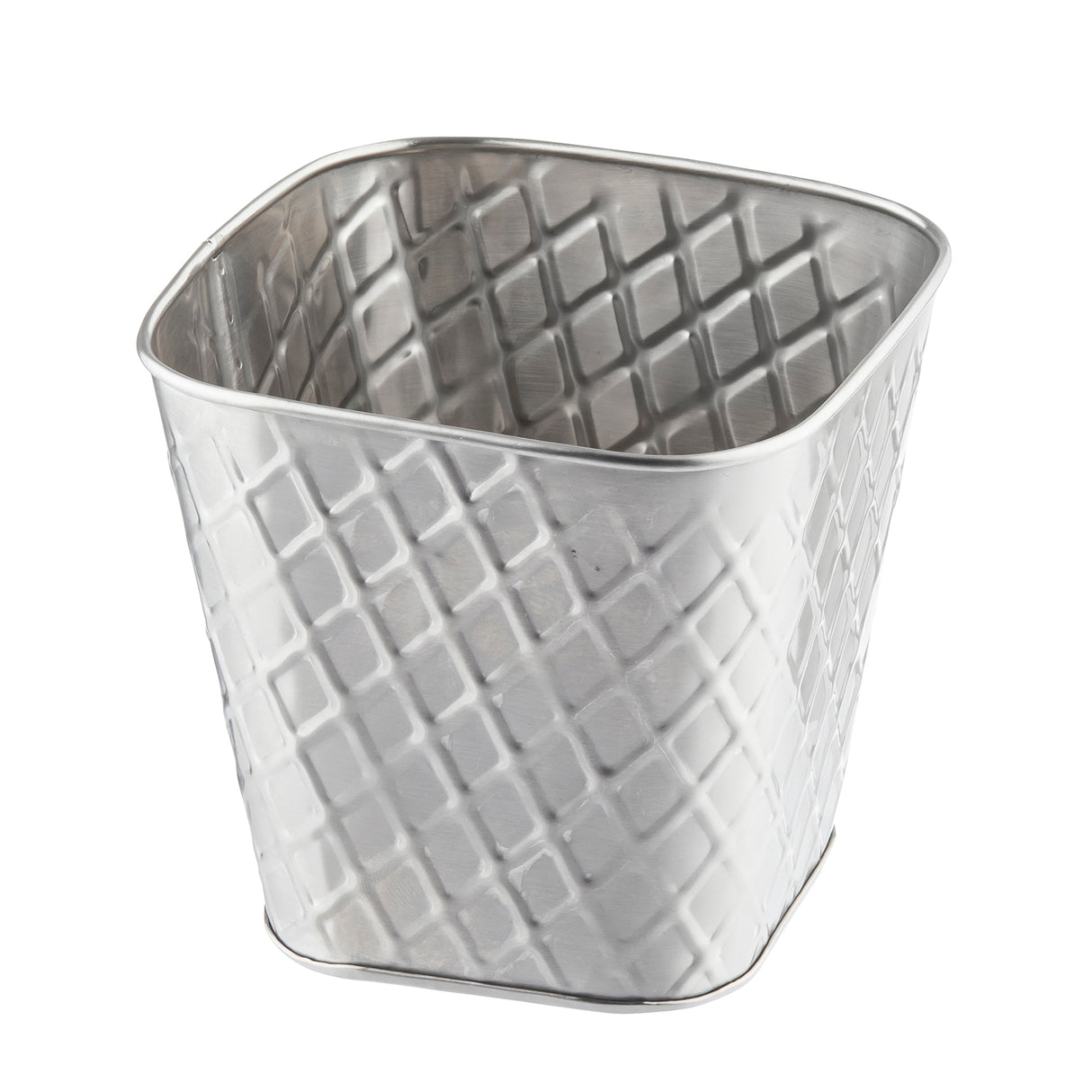 A square, silver metal container from the Lattice Collection Fry Cup by TableCraft Products features a diamond-patterned, textured surface. This stainless steel fry cup is empty, open at the top, and has slightly rounded corners against a white background.