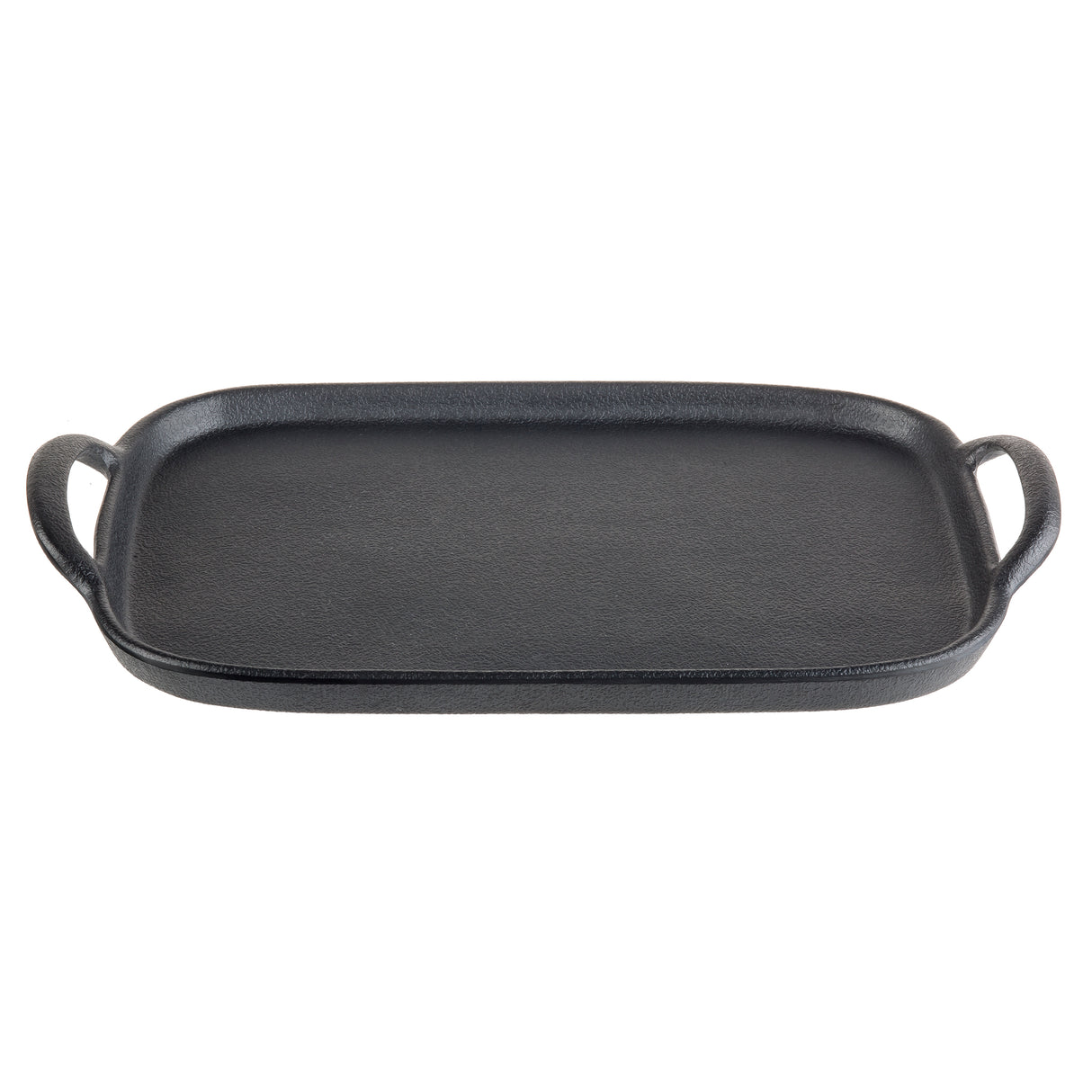 A rectangular black faux cast iron tray with two curved handles on opposite short sides. The flat, matte surface and slightly raised edges make it ideal for grilling, frying, or serving food as a rectangular serving tray.