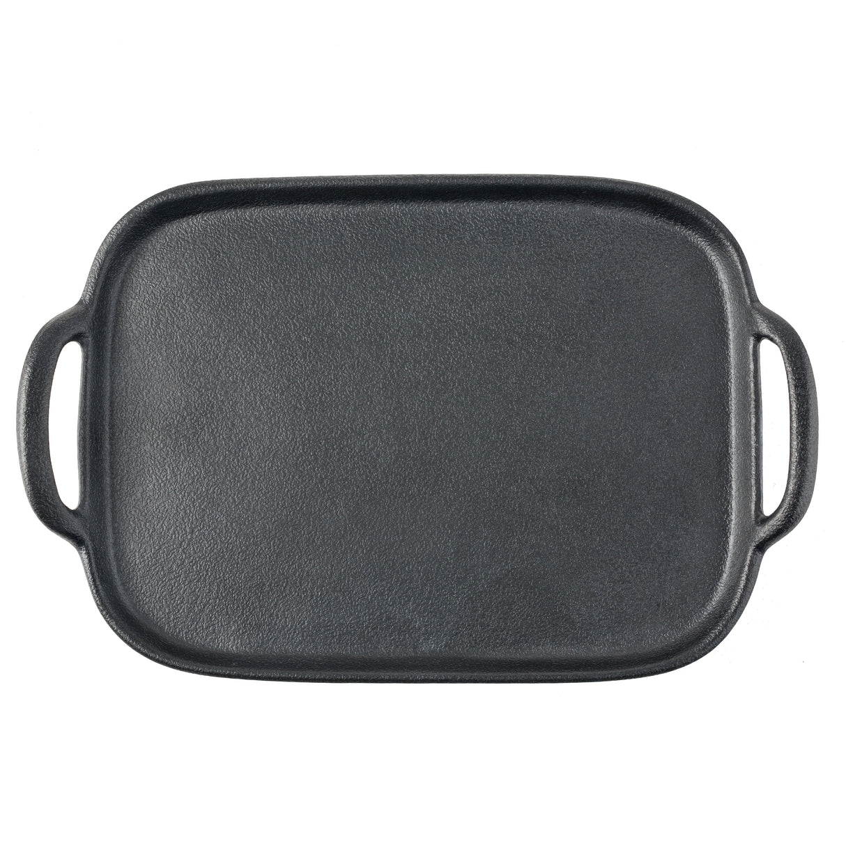 A rectangular black melamine tray with a textured, faux cast iron surface and rounded corners, featuring a handle on each short side, is photographed on a white background.
