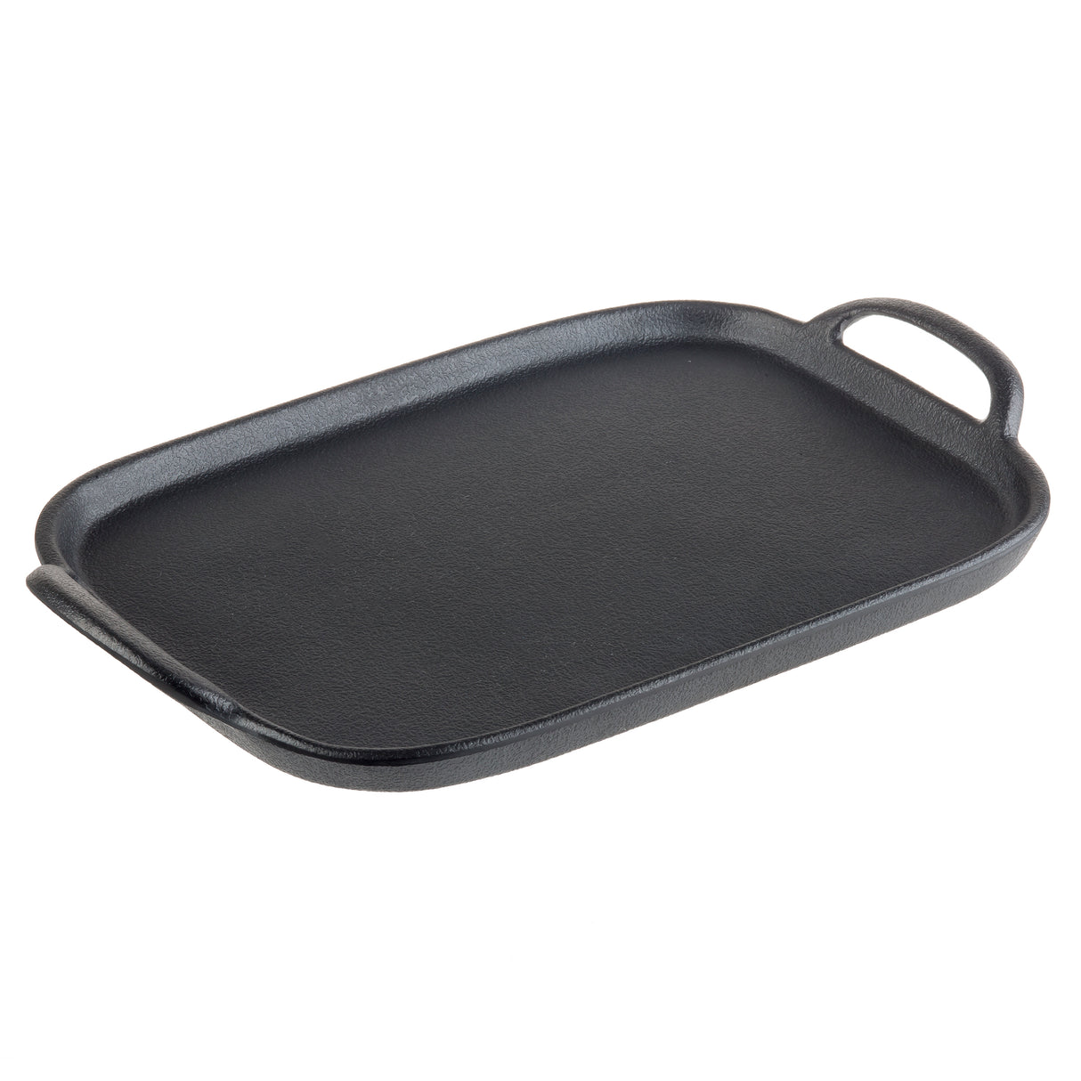 A rectangular, flat black faux cast iron tray with slightly raised edges, one open-ended pour spout, and one handle. The smooth, matte surface is designed for stovetop or oven use, and the tray sits on a white background.