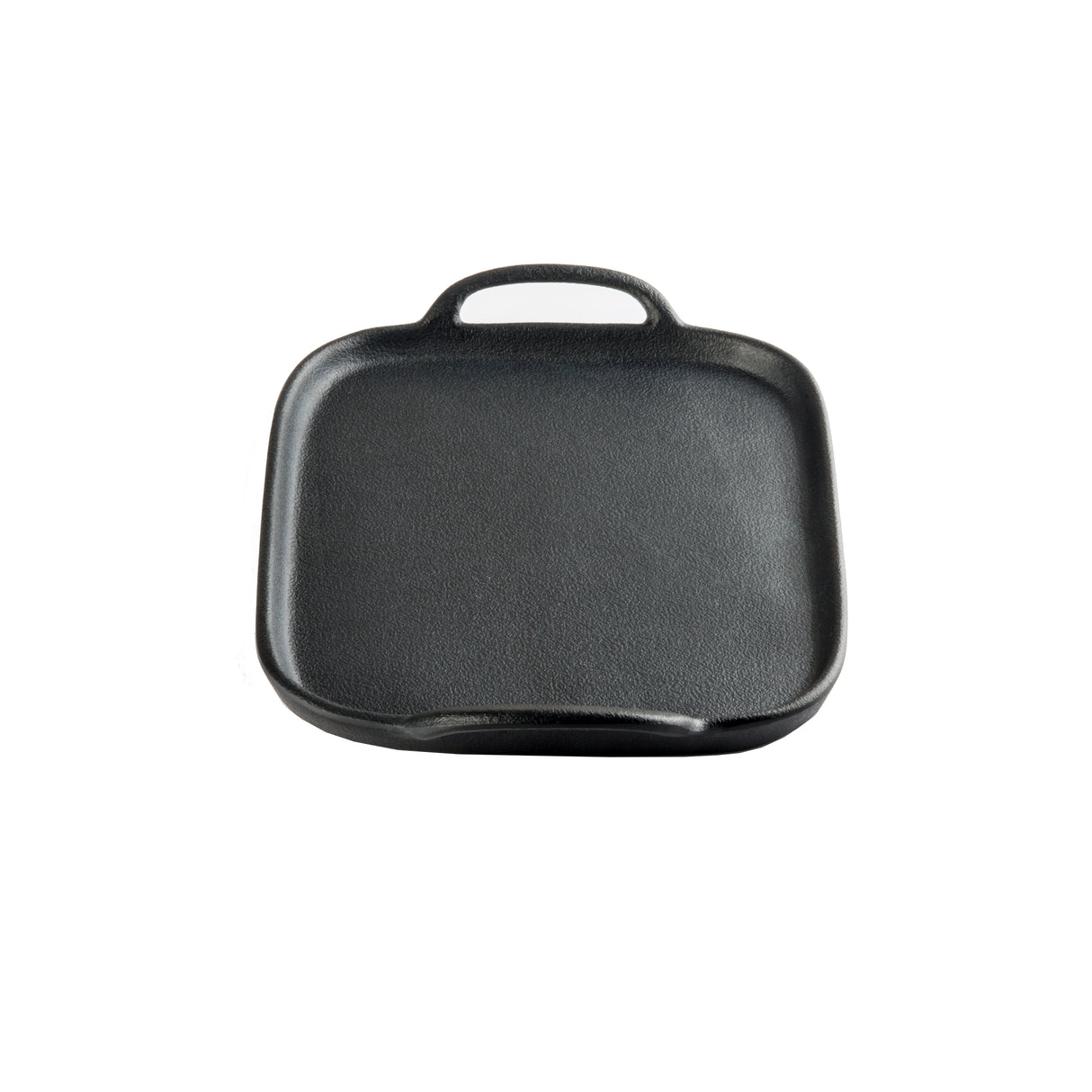 A square, black faux cast iron tray with a short handle on top and a small pouring lip at the bottom, set against a plain white background. The melamine tray features slightly rounded edges and a textured surface.