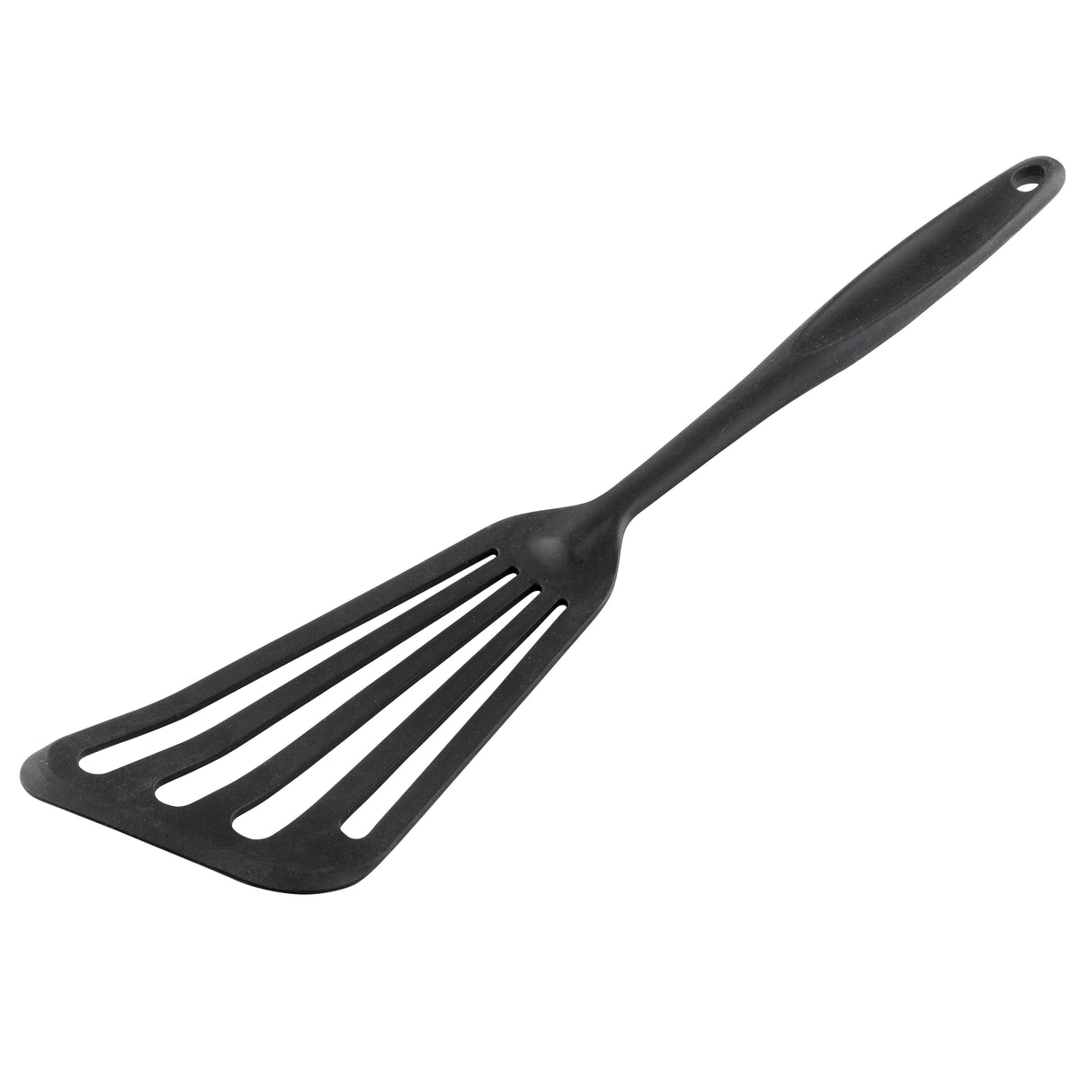 A black Fish Turner slotted spatula with a long silicone handle and four wide slots on the flat, triangular blade, designed for flipping or lifting food. The handle has a small hanging hole. The spatula rests on a plain white background.