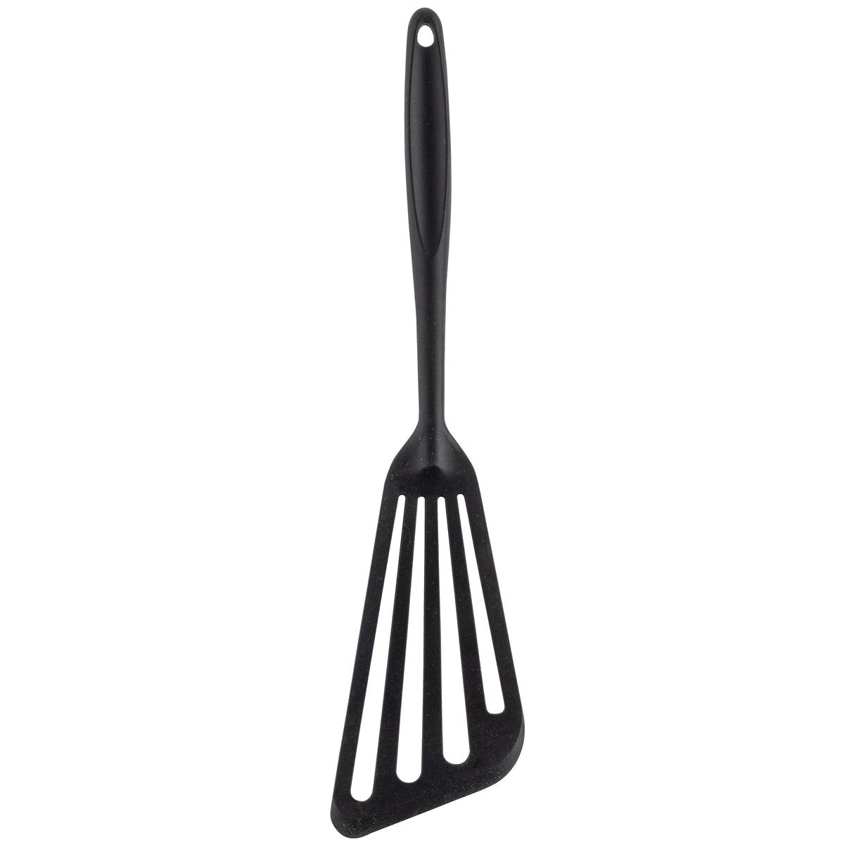 A black Fish Turner with a stainless steel core and a long silicone handle. The triangular, slightly angled head has three wide slots, perfect for flipping or serving food. A small hole at the end of the handle allows easy hanging.