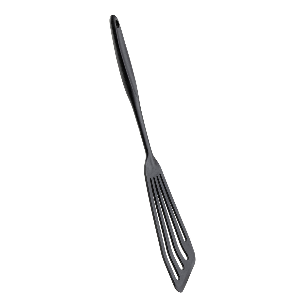 A black plastic Fish Turner with a long handle and three wide slots, isolated on a white background. The spatula’s head is slightly angled, and there is a small hole at the end of the handle for hanging.