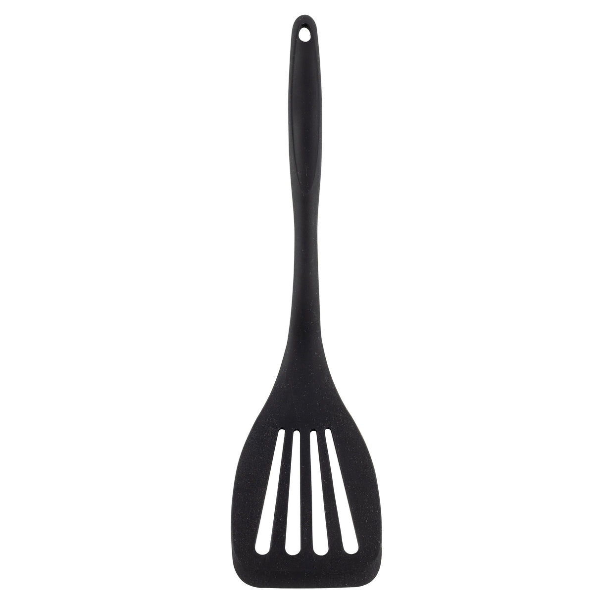 A black plastic slotted spatula with a long silicone handle and three wide slots in the flat, square-shaped blade. The handle features a small hole at the top for hanging. The background is plain white.