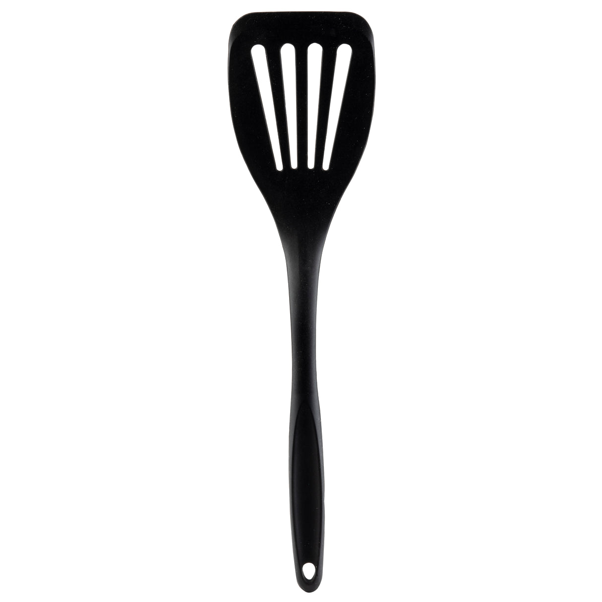 A black, plastic slotted spatula with a long silicone handle and three rectangular slots in the flat, wide blade. The handle has a small hole at the end for hanging. The spatula is positioned vertically on a white background.