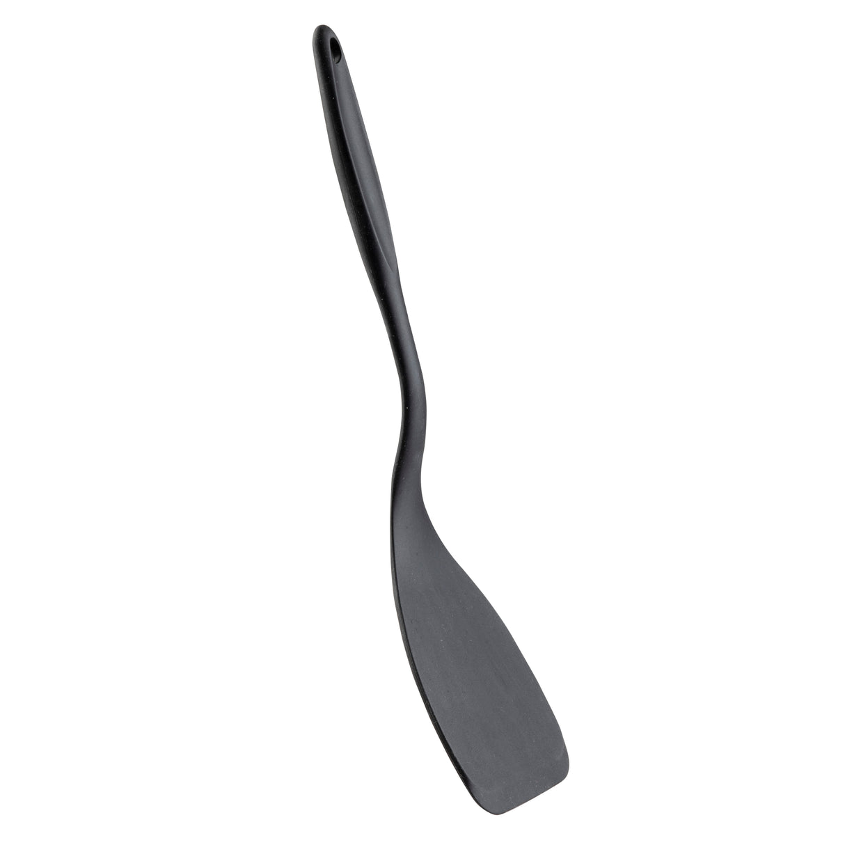 A black spatula with a silicone handle and a flat, wide blade is shown against a plain white background. The curved handle features a small hole near the end for easy hanging.