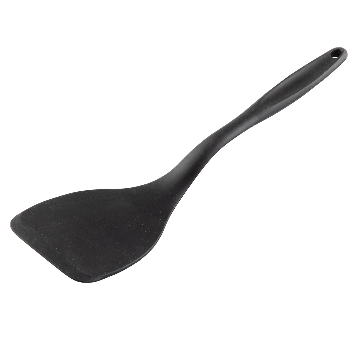 A black plastic spatula with a wide, flat, rectangular blade and a slightly curved, silicone handle. The ergonomically shaped handle features a small hole at the end for hanging. The spatula is set against a plain white background.