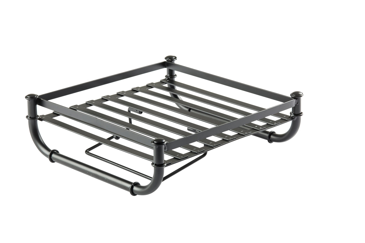 A black metal grill grate with parallel bars and tubular frame, part of an industrial collection, featuring four short vertical posts at each corner and a raised handlebar on one side; isolated on a white background.
