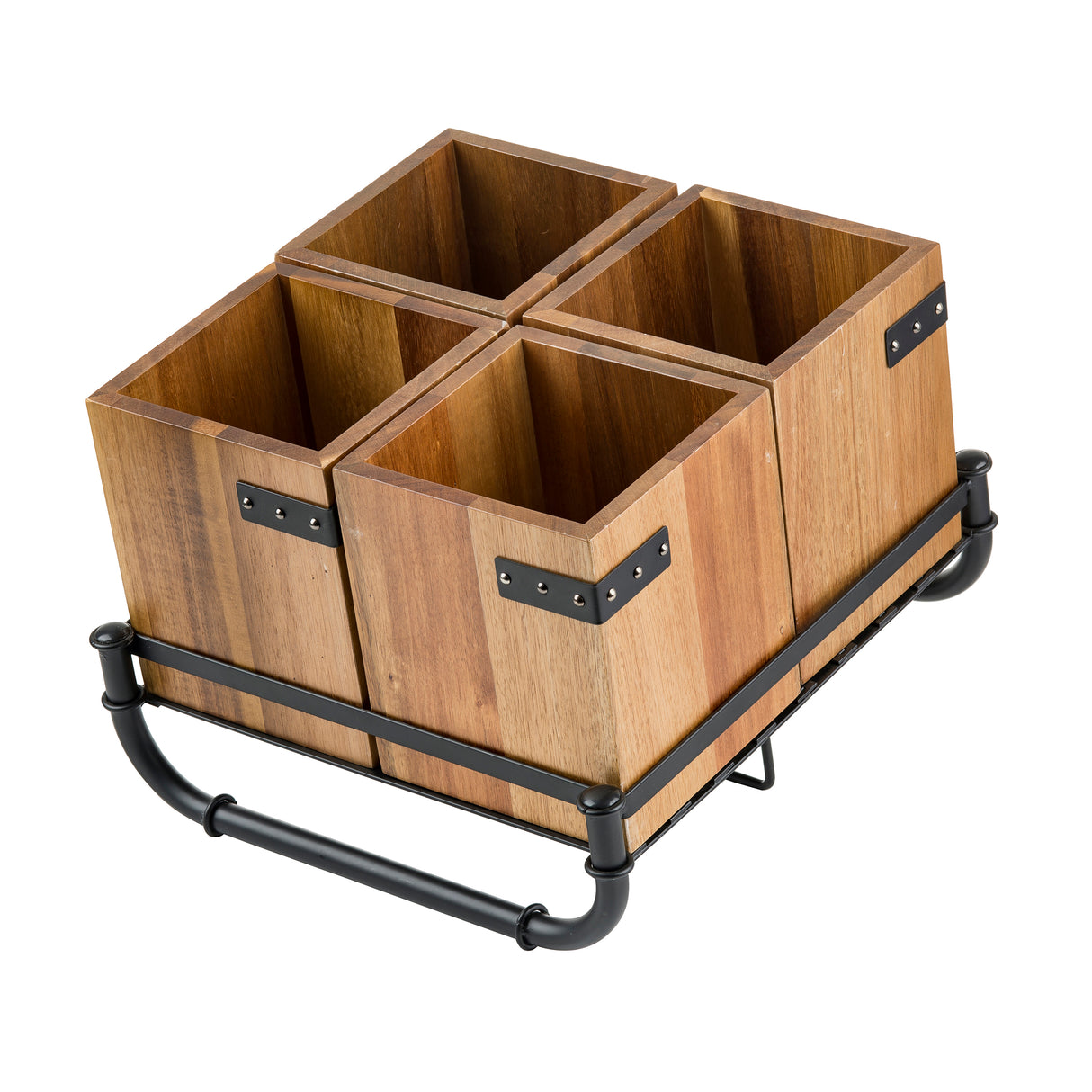 A square Cutlery holder rack with four wooden compartments, each featuring black metal corner brackets, sits in a black metal frame with a handle. Part of our industrial collection, it offers open-top storage for easy access to items.