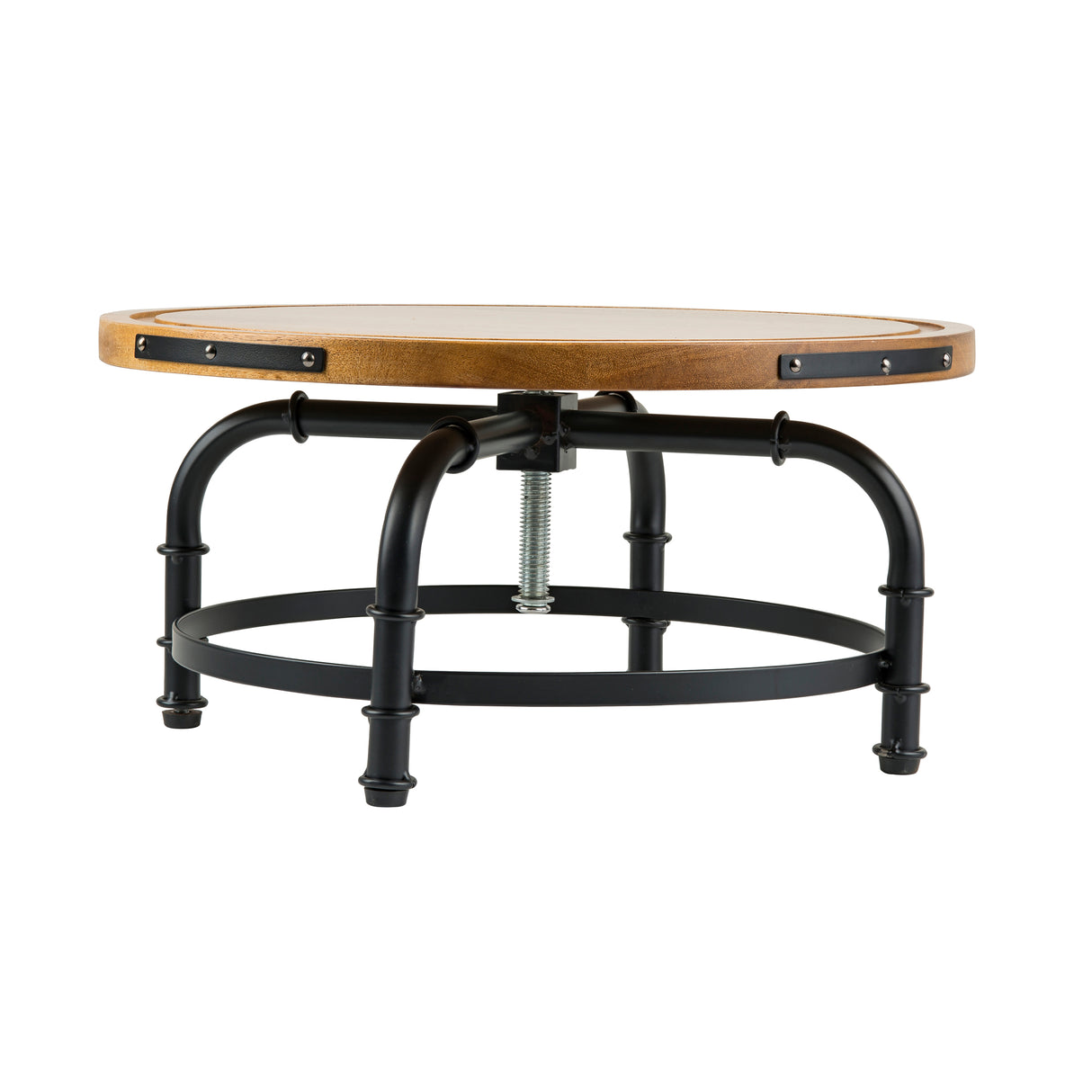 Round coffee table with a wooden top and black metal frame. Featuring industrial-style legs and a central screw mechanism reminiscent of an adjustable cake stand, this piece combines rustic wood with sturdy metal for a unique, functional design.