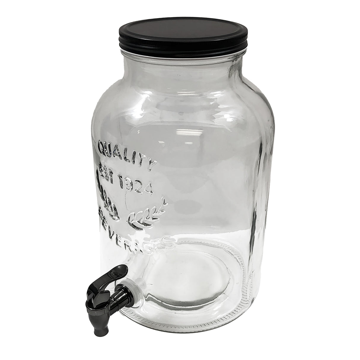 This 2 gallon beverage dispenser features clear glass, a black plastic spigot, and a round black lid. Embossed text and a decorative laurel add charm to the front. The glass beverage dispenser is empty and set against a white background.