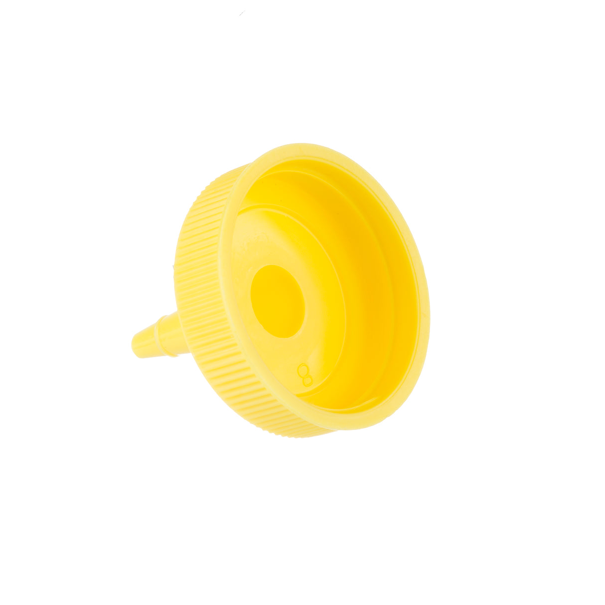 A yellow Tip Top Squeeze Bottle Top with a 38mm nozzle, viewed at an angle on a white background. The cap features a ridged edge for grip, a central spout for dispensing, and is dishwasher safe for easy cleaning.