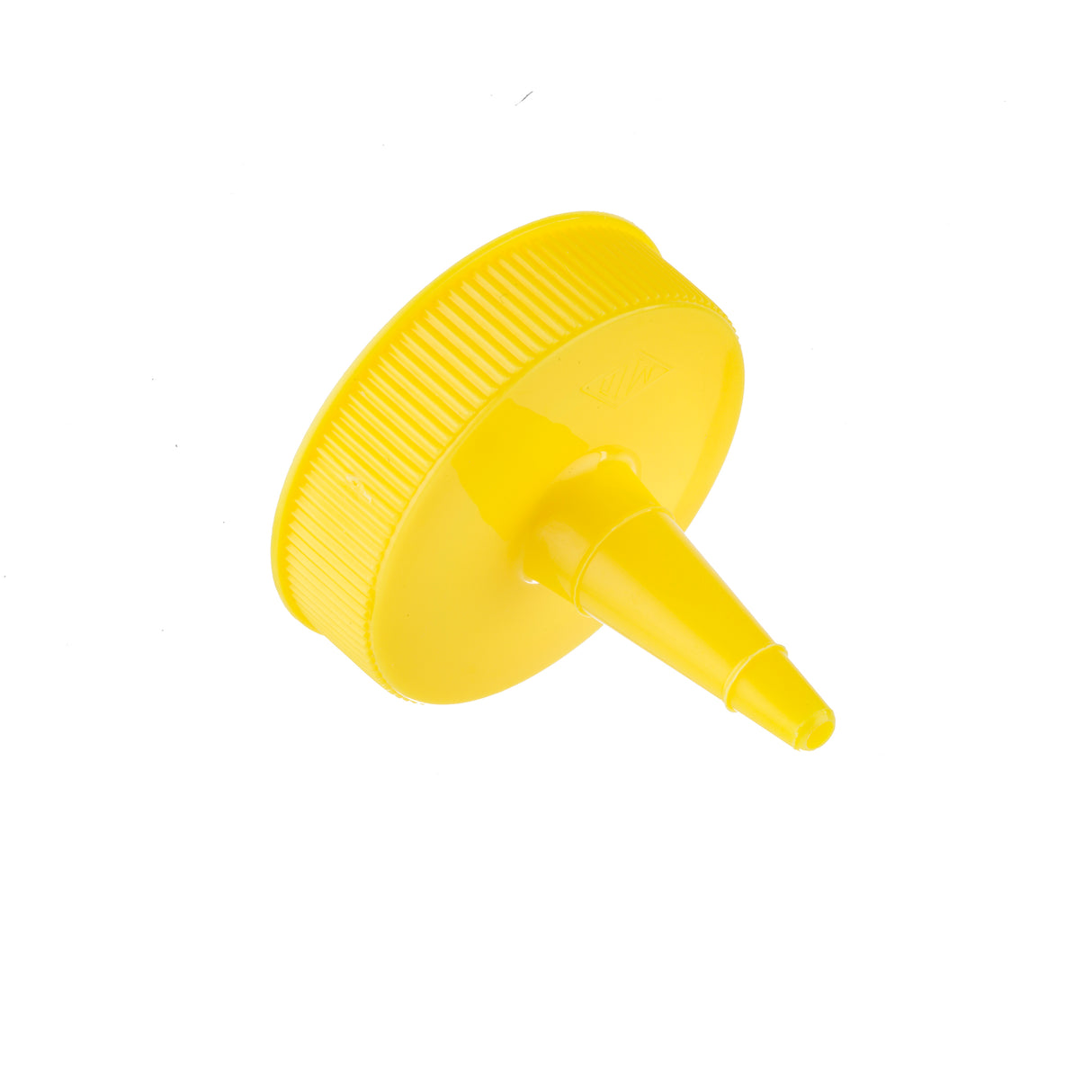 A bright yellow Tip Top Squeeze Bottle Top spout cap with a ribbed circular top for grip and a tapered nozzle for dispensing liquids, 38mm in diameter and dishwasher safe, isolated on a white background.