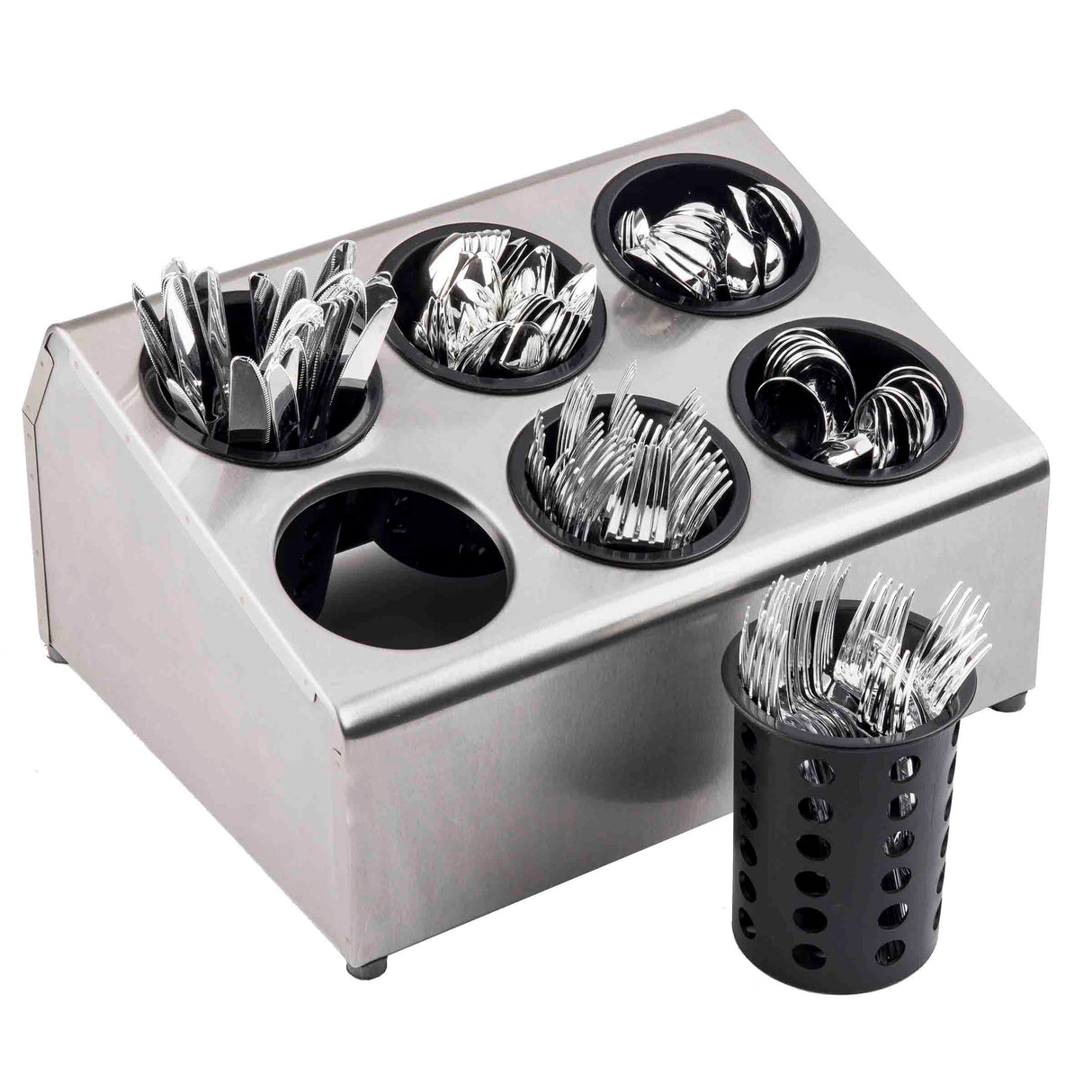 A stainless steel flatware cylinder holder keeps six black round containers filled with assorted, dishwasher safe silverware—knives, forks, and spoons. Beside it, a separate black perforated cup holds mostly forks standing upright.