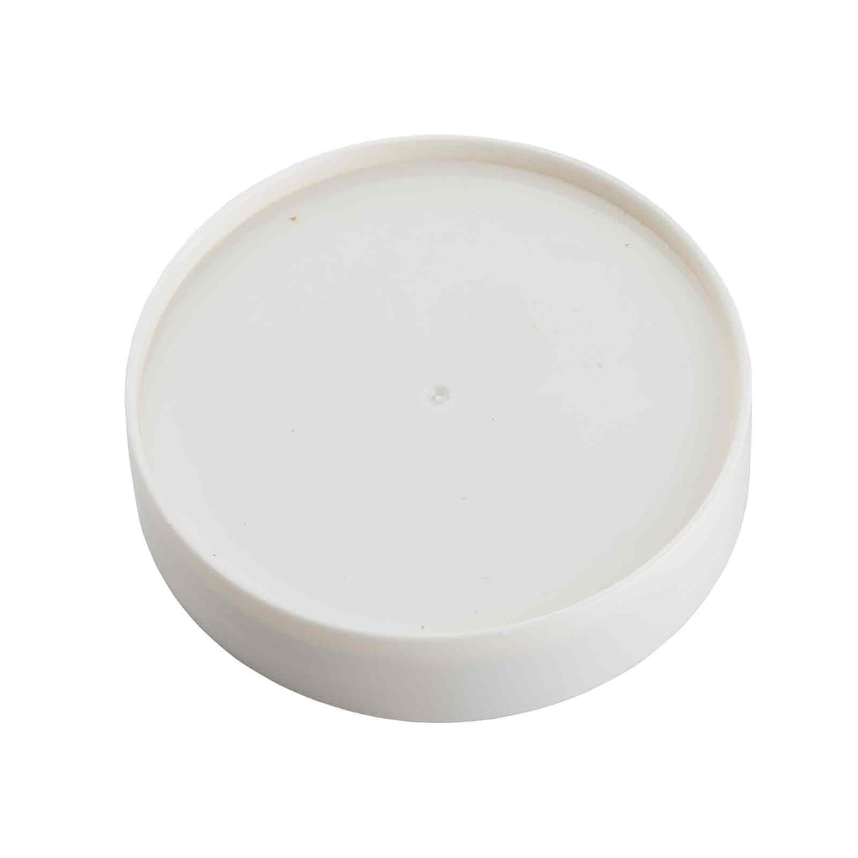 A round, flat, white plastic PourMaster Replacement Cap with a smooth surface and slightly raised edge, shown from above on a plain white background. This lid is also dishwasher safe for easy cleaning.