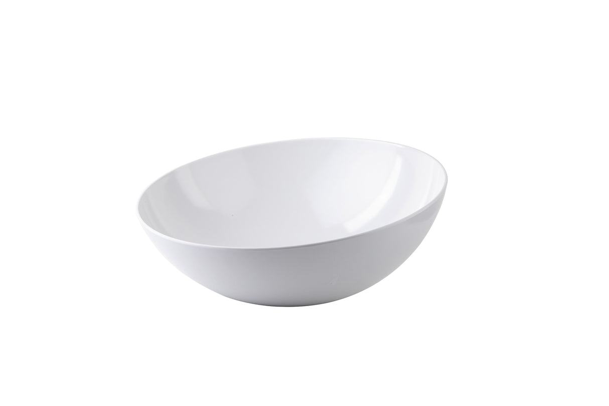 A plain, white, glossy melamine bowl from the Sierra Grande Collection is shown against a white background. The 11 qt. bowl is empty and viewed at an angle, revealing its smooth, curved interior and minimalist design.