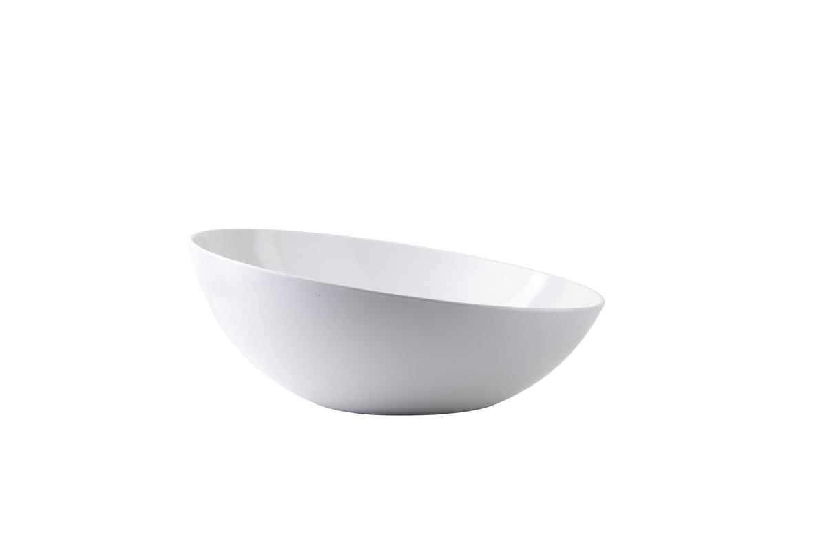 A plain, white Sierra Grande Collection melamine bowl is shown against a white background. The 11 qt. bowl features smooth, curved sides and a glossy finish. Empty and angled, its rim highlights the clean and simple design.