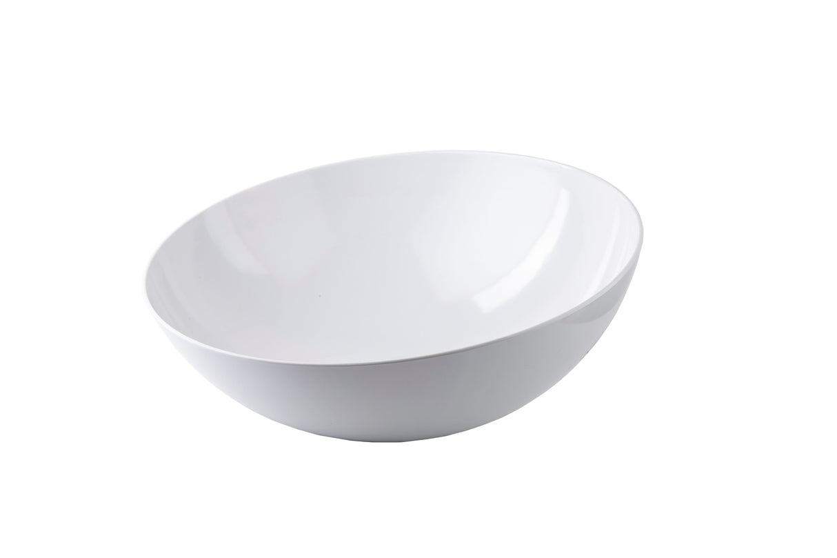 A plain, white, round melamine bowl from the Sierra Grande Collection is pictured against a white background. The bowl is empty, with smooth curves and a glossy, clean interior that reflects light.