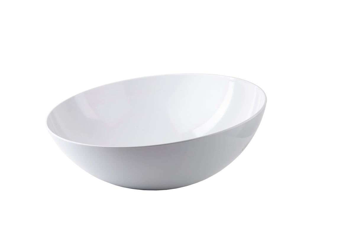 A plain, empty, white melamine bowl from the Sierra Grande Collection is centered against a white background. Smooth and rounded, the 20 qt. bowl is slightly tilted to reveal both its interior and part of the rim, with no patterns or decorations.