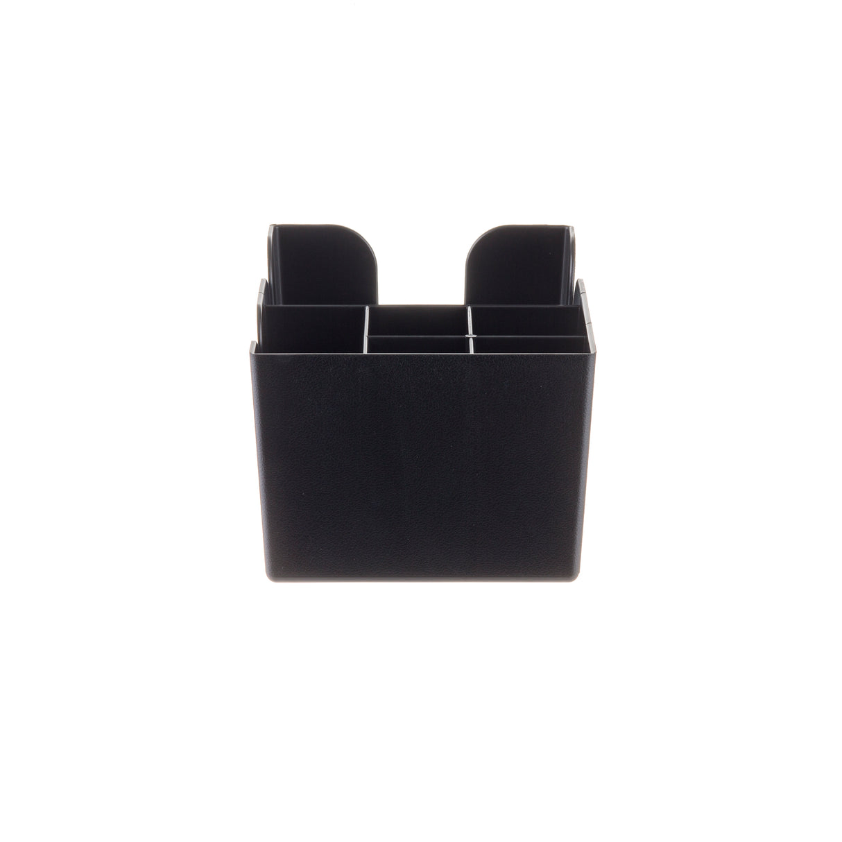 A black rectangular Bar Caddy desk organizer with six compartments of varying heights, viewed from the front against a white background. The minimalist organizer is made of smooth ABS plastic for a sleek, modern look.