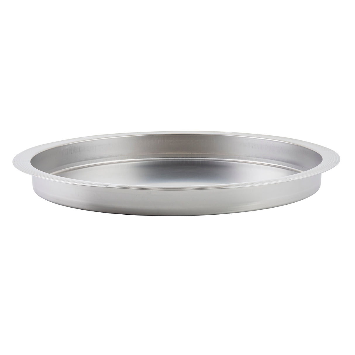 A round, shallow TableCraft stainless steel plate with a wide, slightly raised rim and smooth surface, shown against a plain white background. Simple and unadorned, it’s reflective and suitable as a serving dish or replacement pan for cooking.