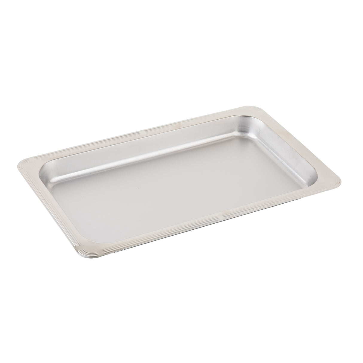 A rectangular, shallow stainless steel replacement pan with a 184 oz. capacity, rounded corners, and a smooth, flat base. The raised edges are slightly beveled, and the empty tray rests on a white background.