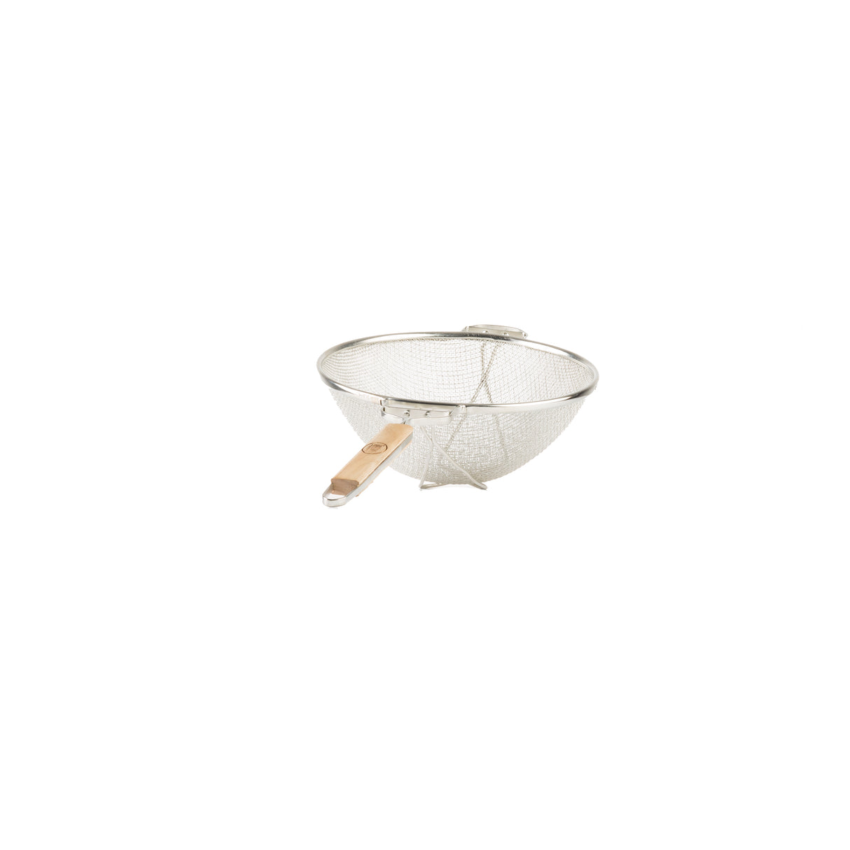 A metal double medium mesh strainer with a rounded bowl and flat wooden handle is shown. The fine wire mesh is ideal for sifting or draining, and a small hook opposite the handle lets it rest securely on a bowl or pot. Background is plain white.