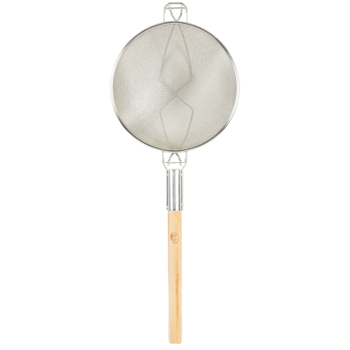 A metal mesh strainer with a round, double medium mesh bowl and a long, light-colored wooden handle. The strainer has sturdy metal supports and a hanging loop at the top, perfect for sifting or straining food in the kitchen. Plain white background.