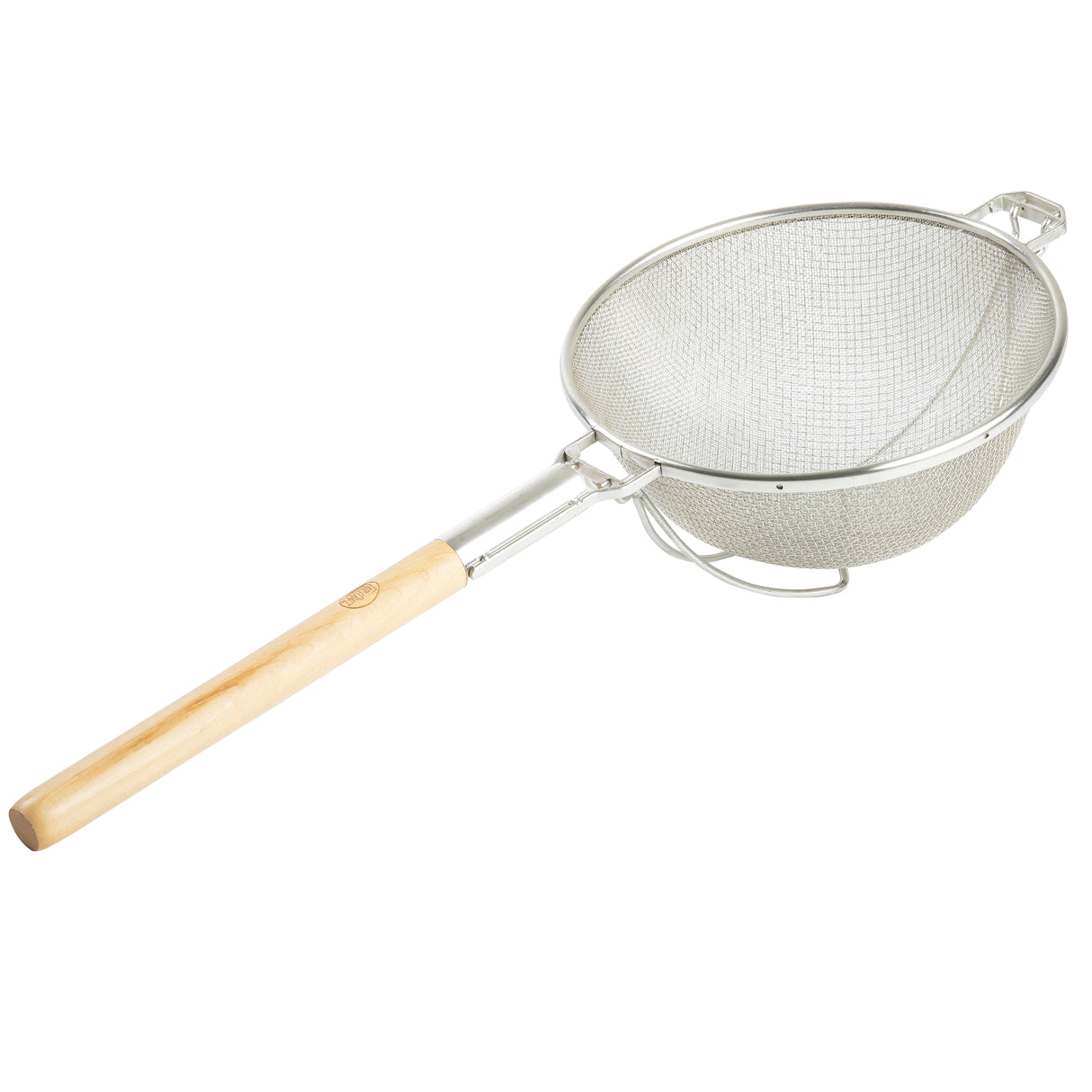 A metal mesh strainer with a round wooden handle, double medium mesh, and a round bowl. It features fine wire netting and a sturdy support loop for stability when placed over a bowl or pot.