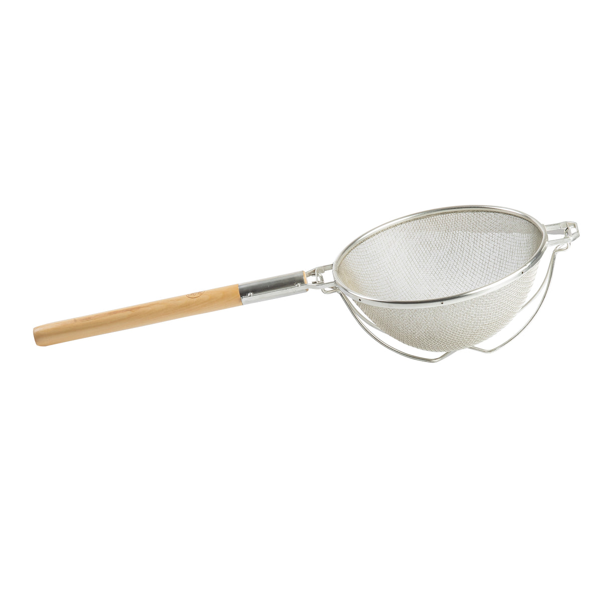 A fine double medium mesh strainer with a round bowl, two side hooks, and a long round wooden handle, isolated on a white background. The mesh basket is perfect for sifting or straining food.